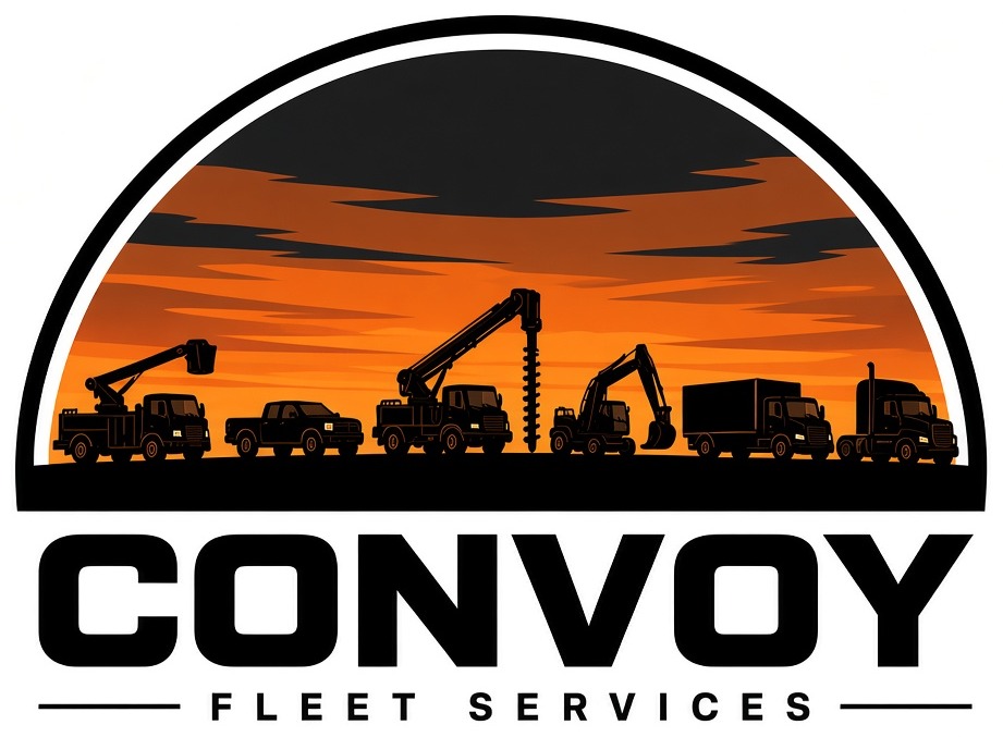 Convoy Fleet Services logo: an arch with a convoy of utility trucks and an excavator at dusk, over the words CONVOY FLEET SERVICES
